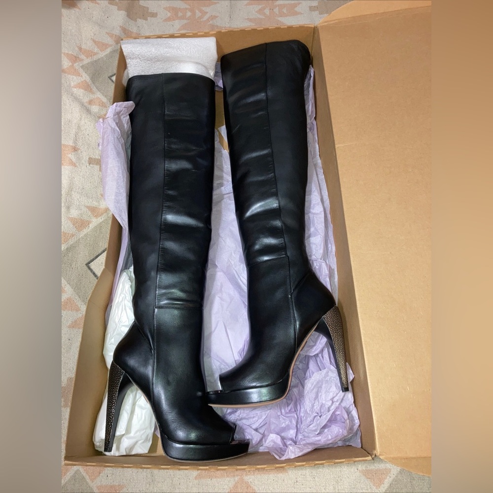 Herve Leger Thigh High Platform Heel Siren Boots Women’s 10 Black Leather New - Picture 9 of 13